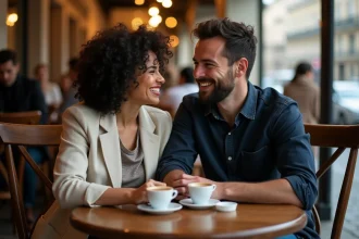 Couple célèbre partageant un moment complice dans un café parisien, illustrant la vie privée malgré la notoriété