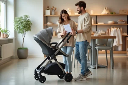 Jeune couple en magasin de puériculture examinant une poussette 4 en 1 modulable avec une liste de naissance à la main