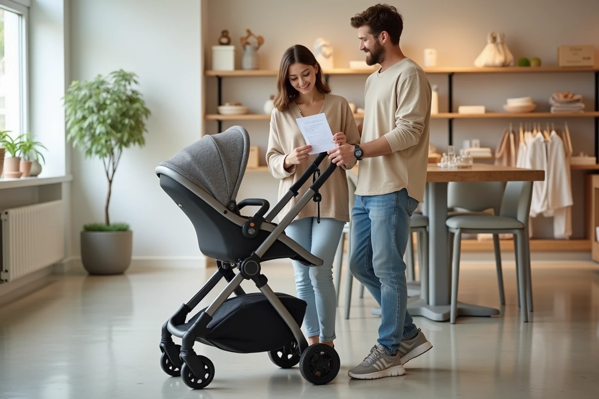 Jeune couple en magasin de puériculture examinant une poussette 4 en 1 modulable avec une liste de naissance à la main