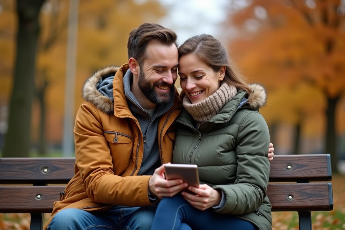 Couple consultant un simulateur de compatibilité amoureuse sur une tablette assis sur un banc en automne