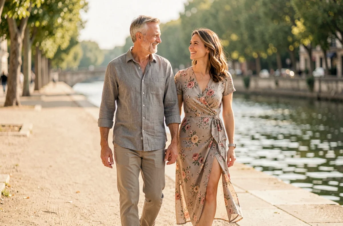 Couple discret marchant le long d'une promenade au bord de l'eau, évoquant une histoire d'amour longtemps tenue secrète entre une personnalité du football et sa compagne