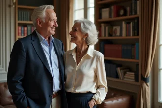 Couple élégant dans la soixantaine dans un appartement parisien, symbolisant la vie de couple d'un homme politique français