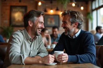 Deux hommes complices partageant un café dans un bistrot parisien, illustrant une relation de couple solide et affectueuse