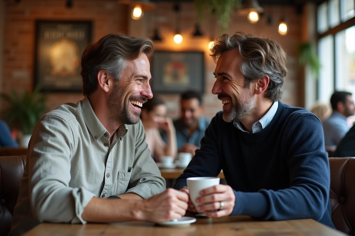 Deux hommes complices partageant un café dans un bistrot parisien, illustrant une relation de couple solide et affectueuse