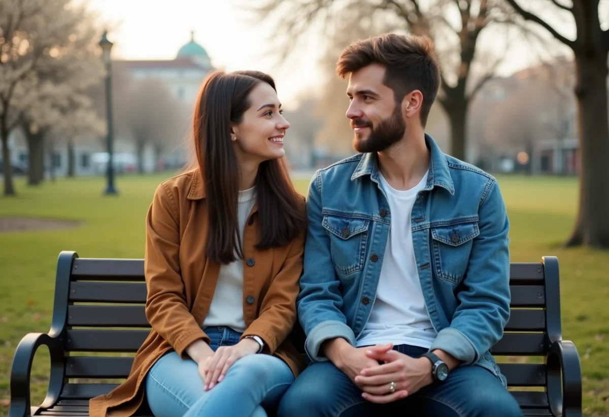 Jeune couple assis sur un banc dans un parc au printemps