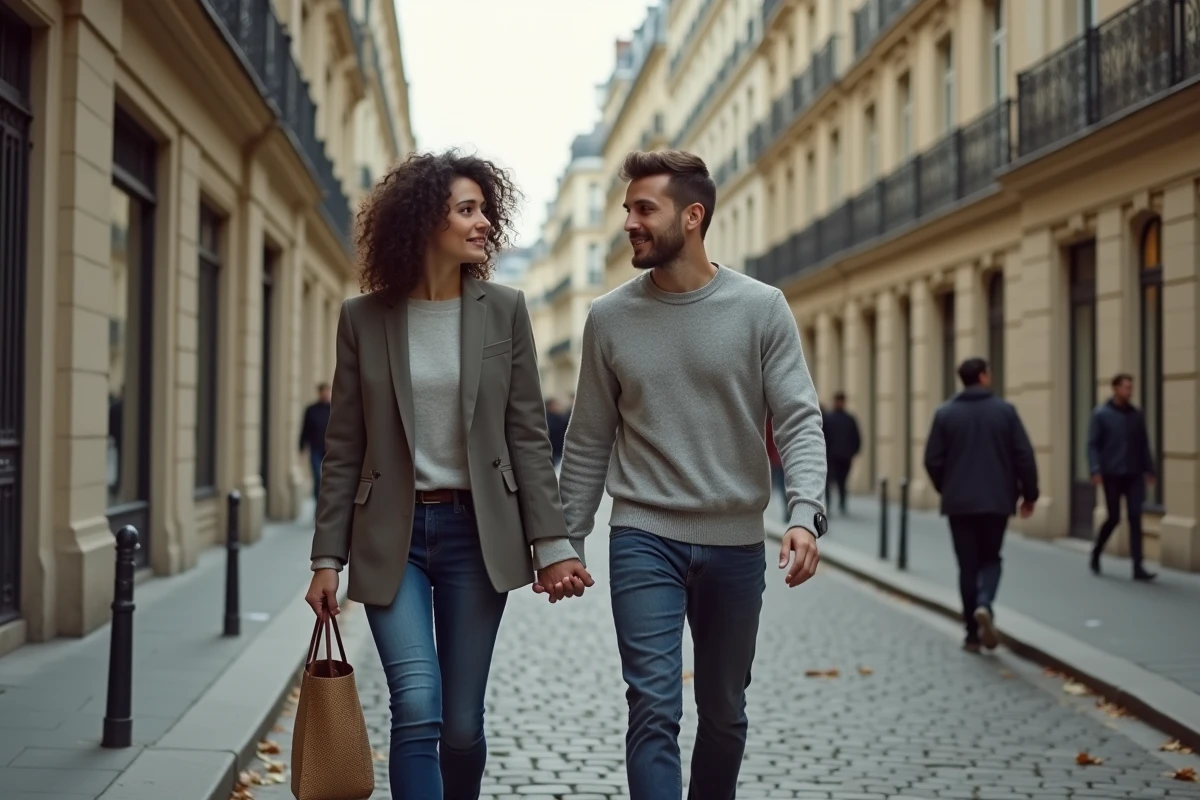 Femme connue et son mari se promenant dans les rues de Paris, couple gérant la vie publique avec discrétion