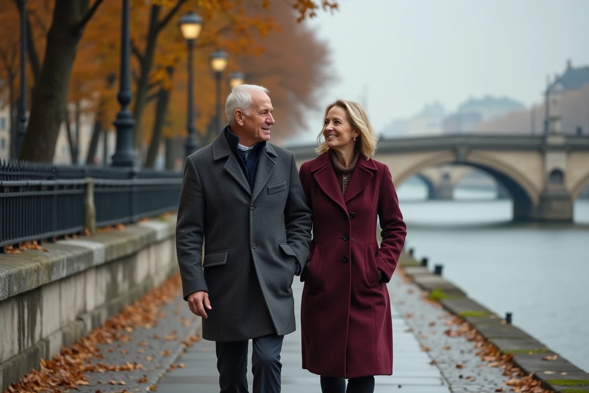Couple mature se promenant sur les quais de la Seine à Paris en automne, illustration de la vie de couple discrète d'un homme politique