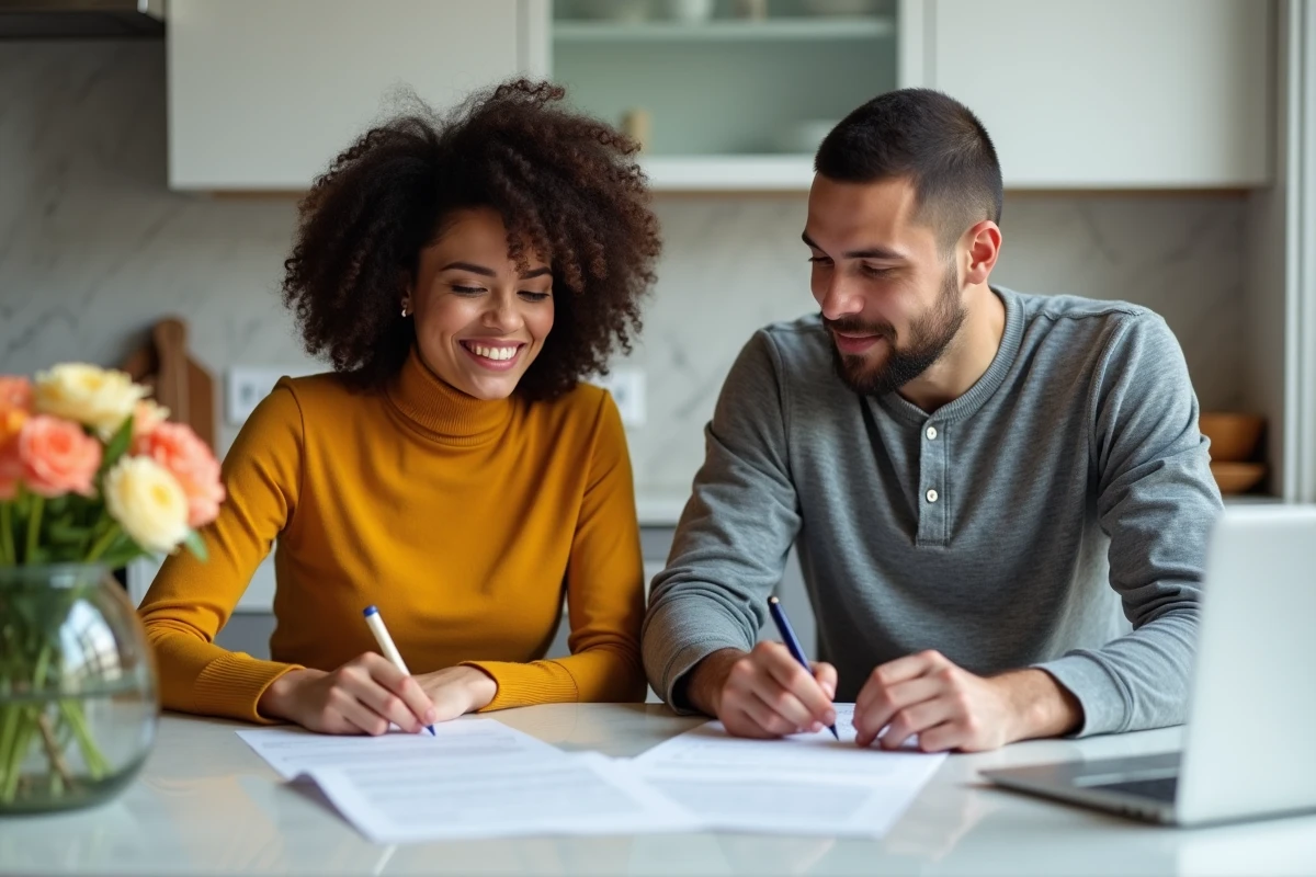 Un couple en train de signer les documents officiels d'une adoption indépendante à leur table de cuisine dans un cadre domestique contemporain