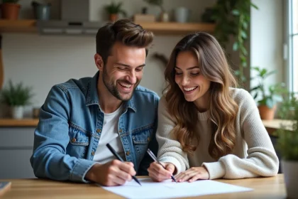 Jeune couple signant un document dans la cuisine