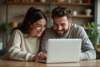 Couple regardant ensemble les résultats d'un simulateur amoureux sur un ordinateur portable dans une cuisine chaleureuse