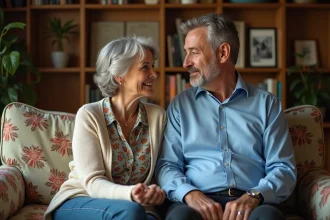Couple d'adultes assis sur un sofa vintage dans un salon chaleureux