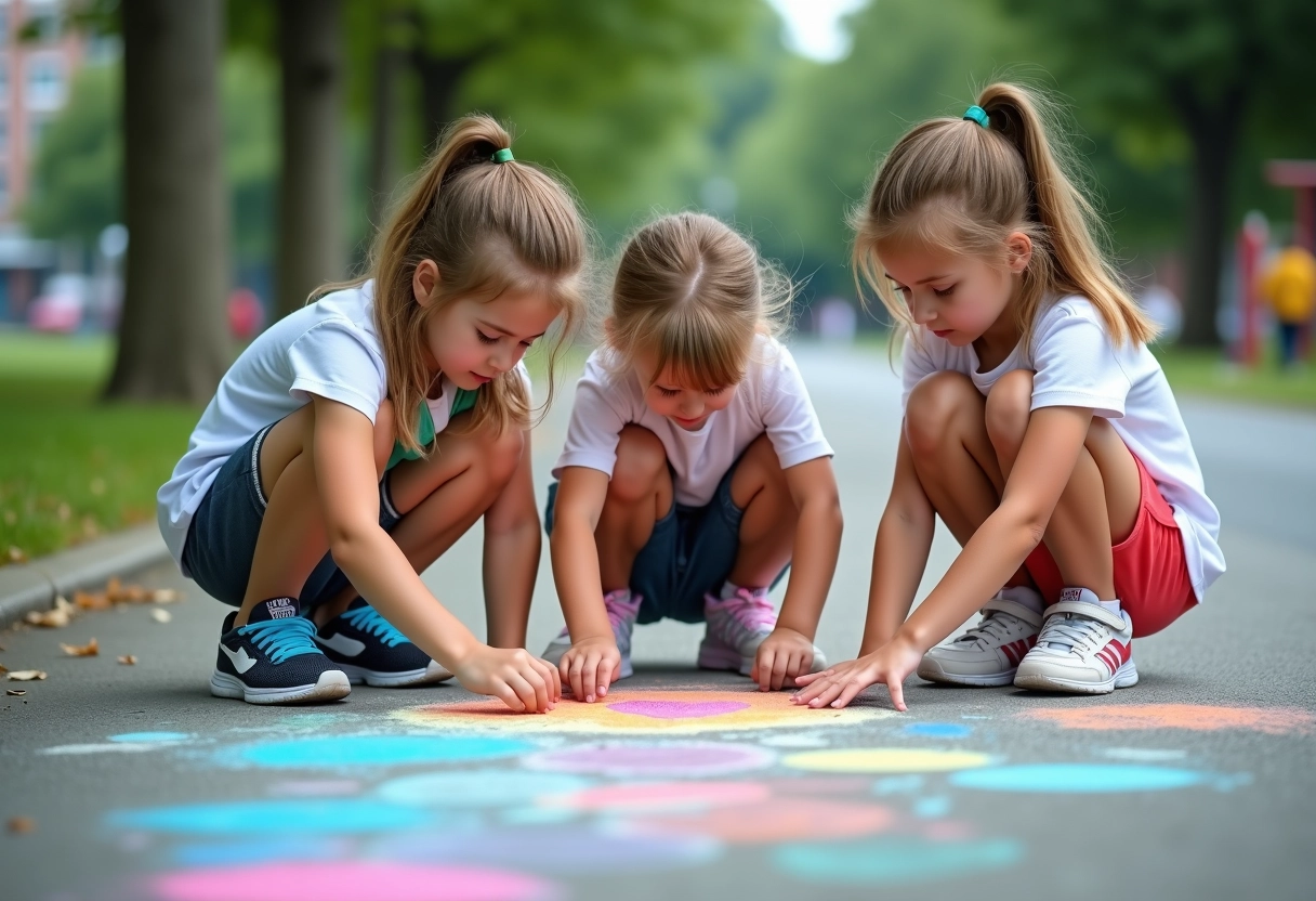 Enfants dessinant à la craie sur le trottoir en ville