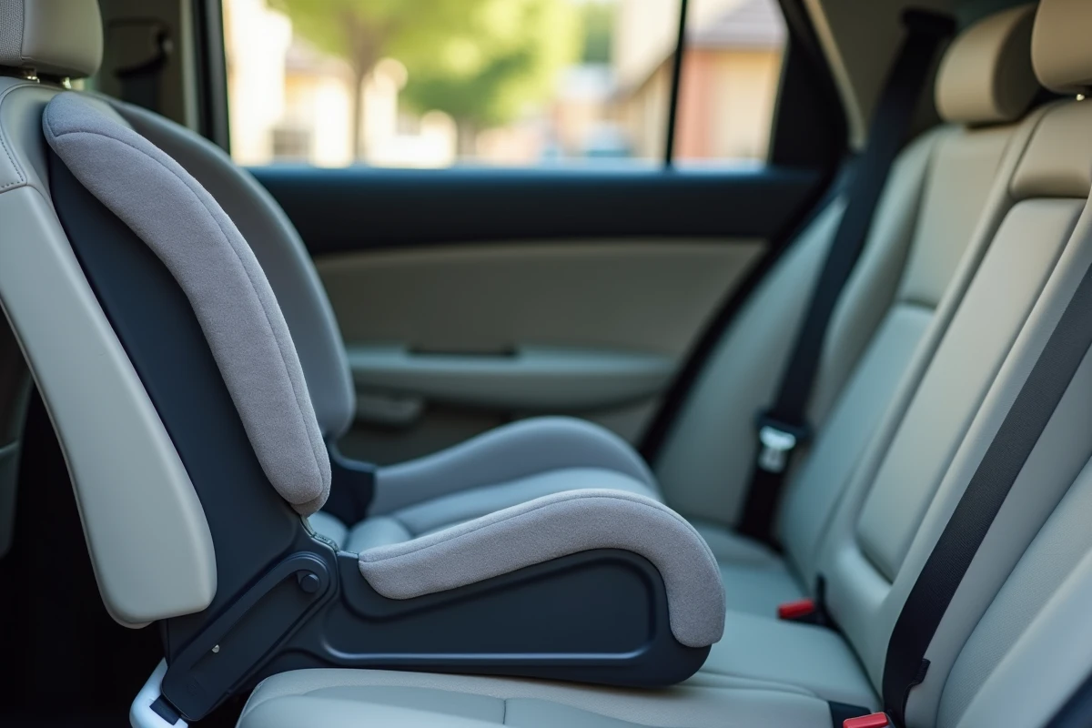 Gros plan d'un réhausseur sans dossier posé sur une banquette de voiture montrant le guide ceinture