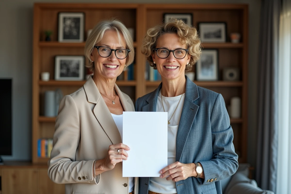 Deux femmes souriantes tenant une attestation dans le salon