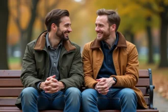 Deux hommes assis sur un banc dans un parc automnal