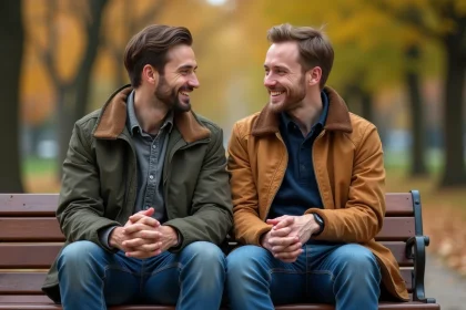 Deux hommes assis sur un banc dans un parc automnal