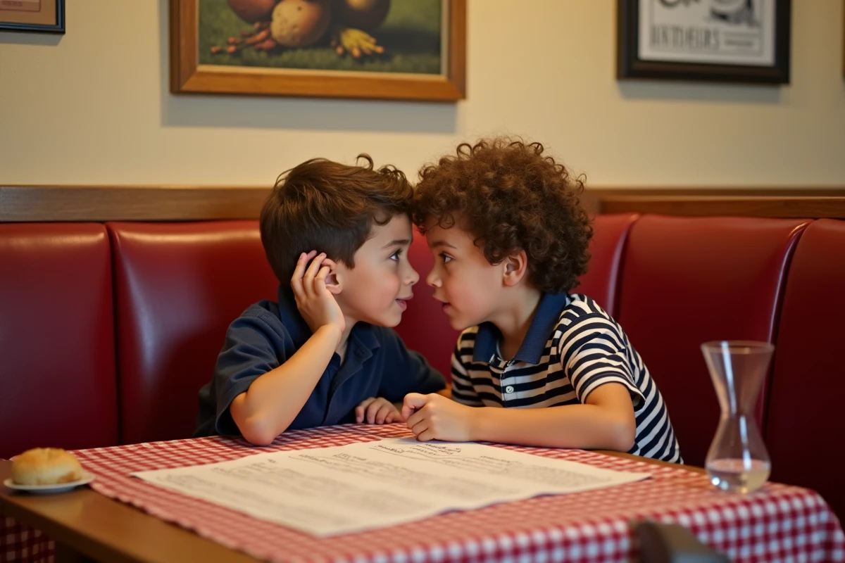 Deux enfants jouant aux devinettes ensemble sur une nappe à carreaux dans un restaurant bistrot