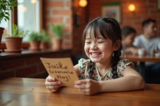 Petite fille qui rigole en lisant des devinettes sur une carte dans un restaurant familial
