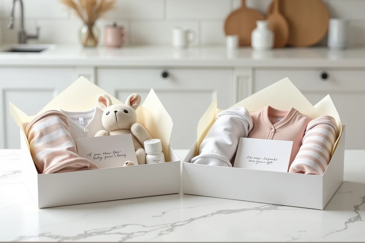 Deux coffrets cadeaux identiques pour jumeaux posés côte à côte sur une table en marbre blanc, contenant vêtements, peluches et produits de soin pour nouveau-né