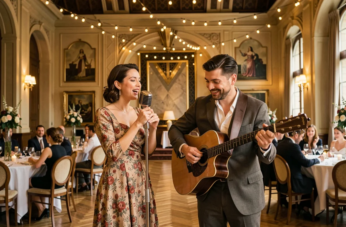 Duo Eclectik'O Swing en concert dans une salle de réception à Reims avec guitare et micro vintage