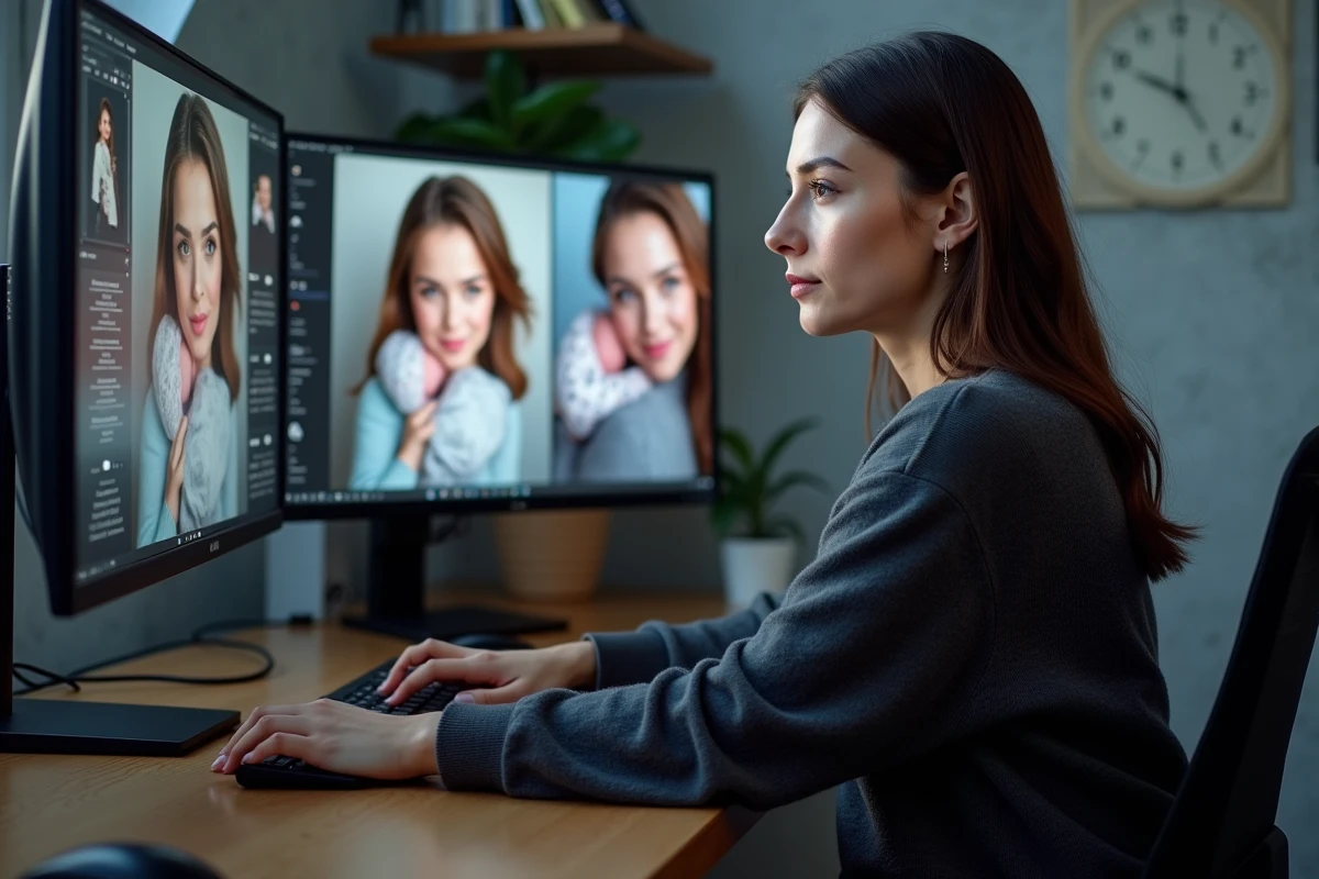 Éditrice photo professionnelle analysant des retouches numériques sur des portraits de célébrités sur deux écrans dans un studio éditorial moderne