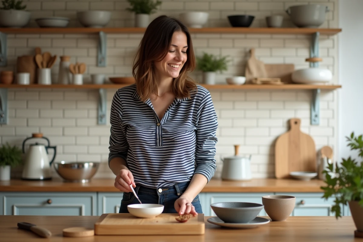 Femme préparant un goûter dans une cuisine familiale de style français, illustrant le quotidien d'une mère de famille