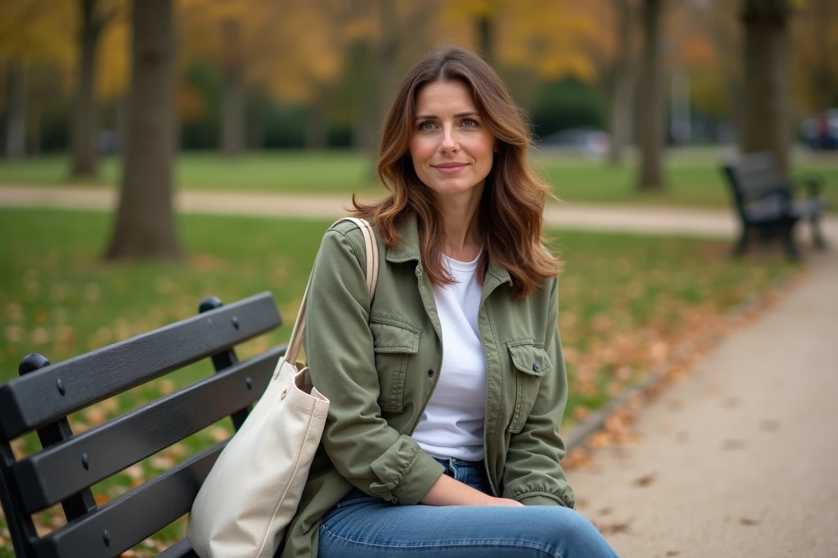 Femme assise sur un banc dans un parc parisien en automne, évoquant la vie familiale et les sorties en famille
