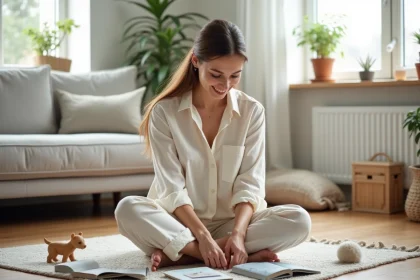 Femme épanouie assise sur un tapis de salon entourée de livres d'enfants, évoquant la vie de famille d'Elsa Fourlon