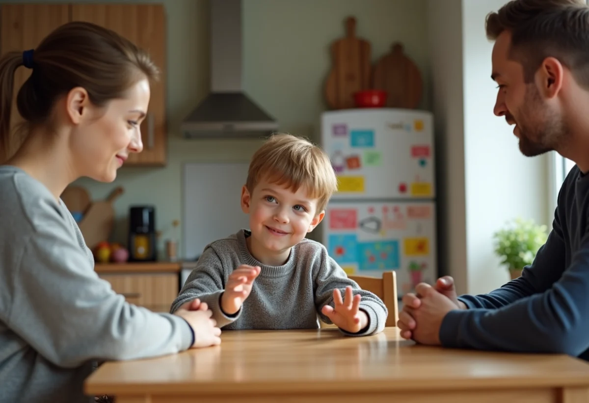 Jeune garçon de 8 ans en discussion avec ses parents dans la cuisine