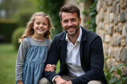P&egrave;re et fille dans un jardin rural fran&ccedil;ais