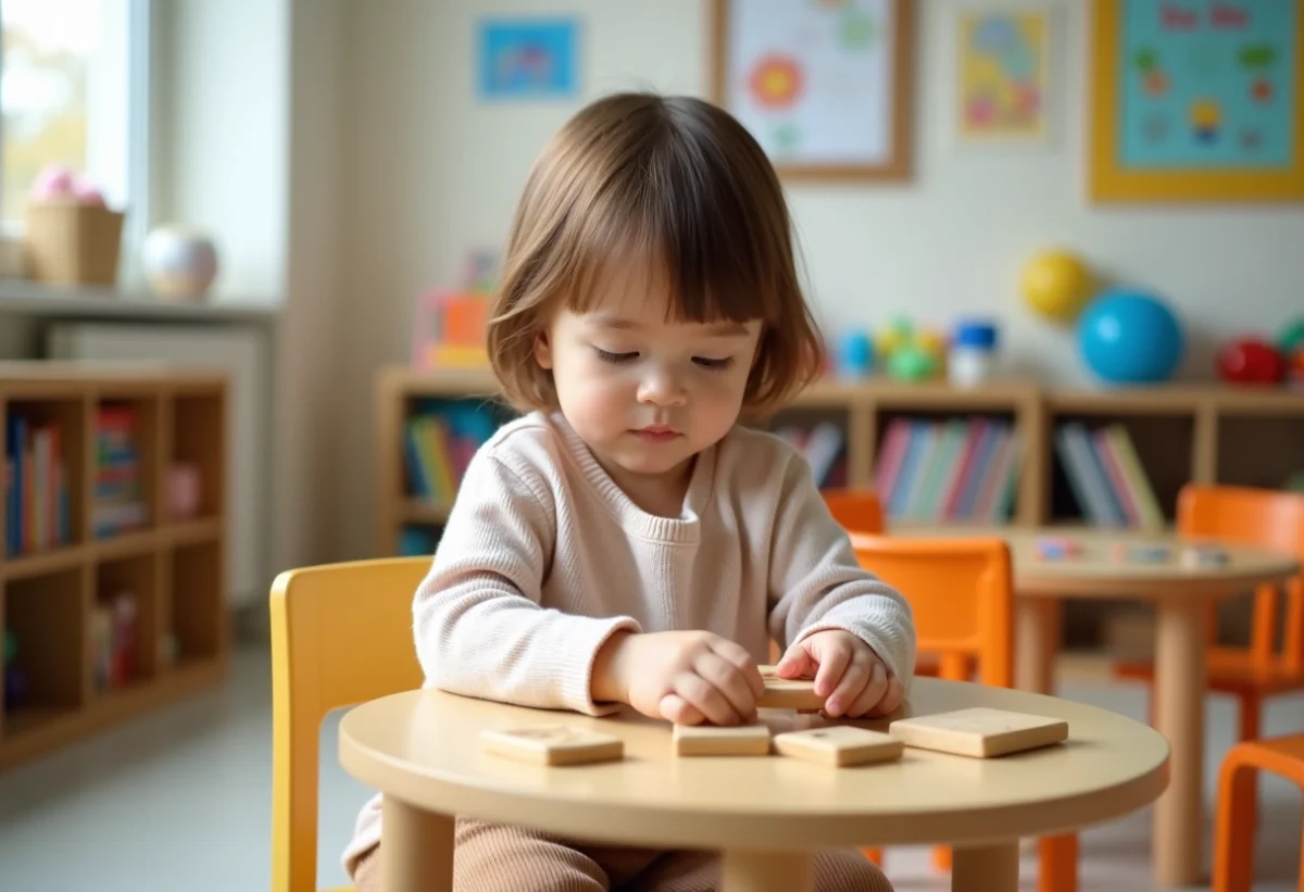 Fille de deux ans joue avec un puzzle en classe colorée