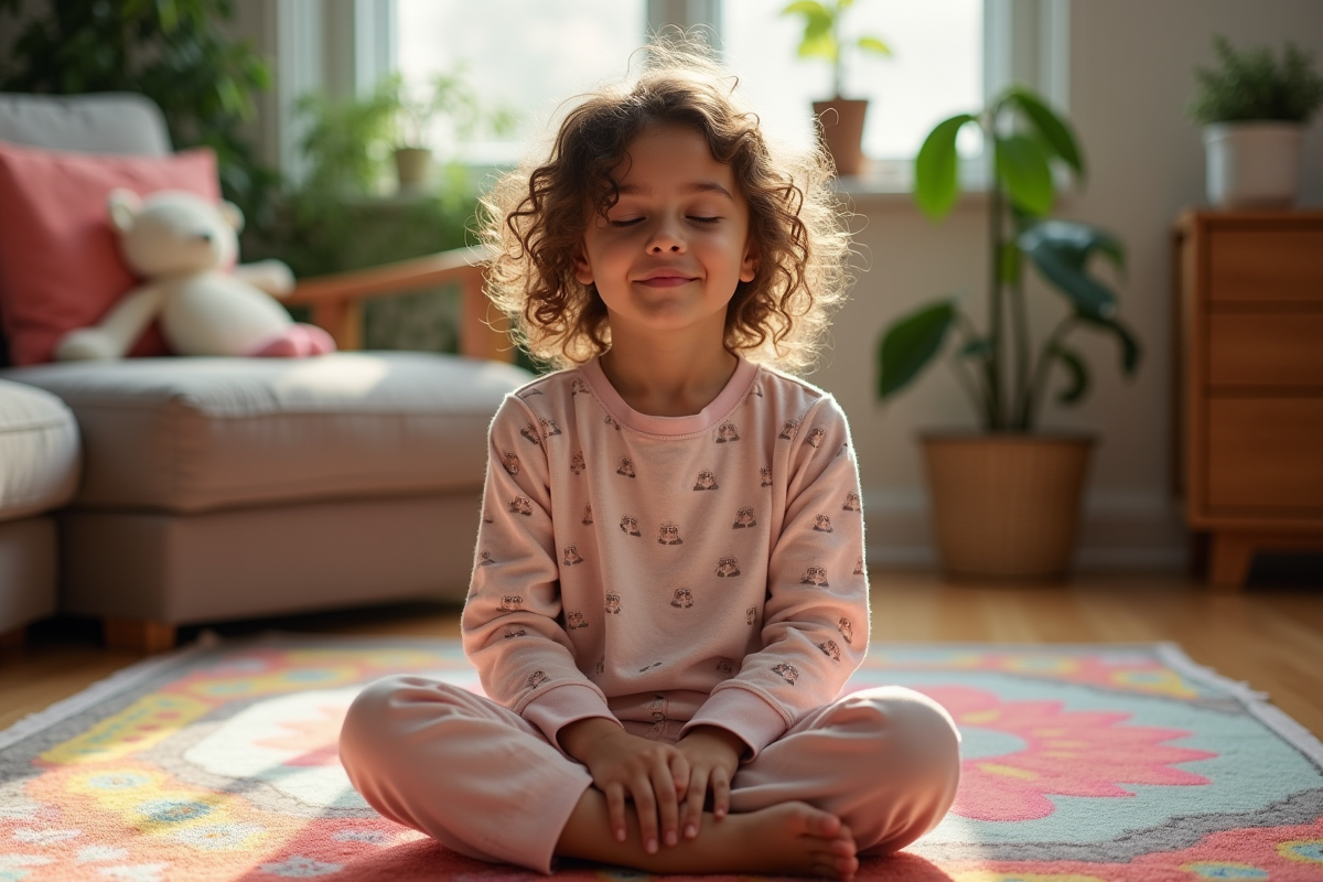 Fille de sept ans en méditation dans un salon chaleureux