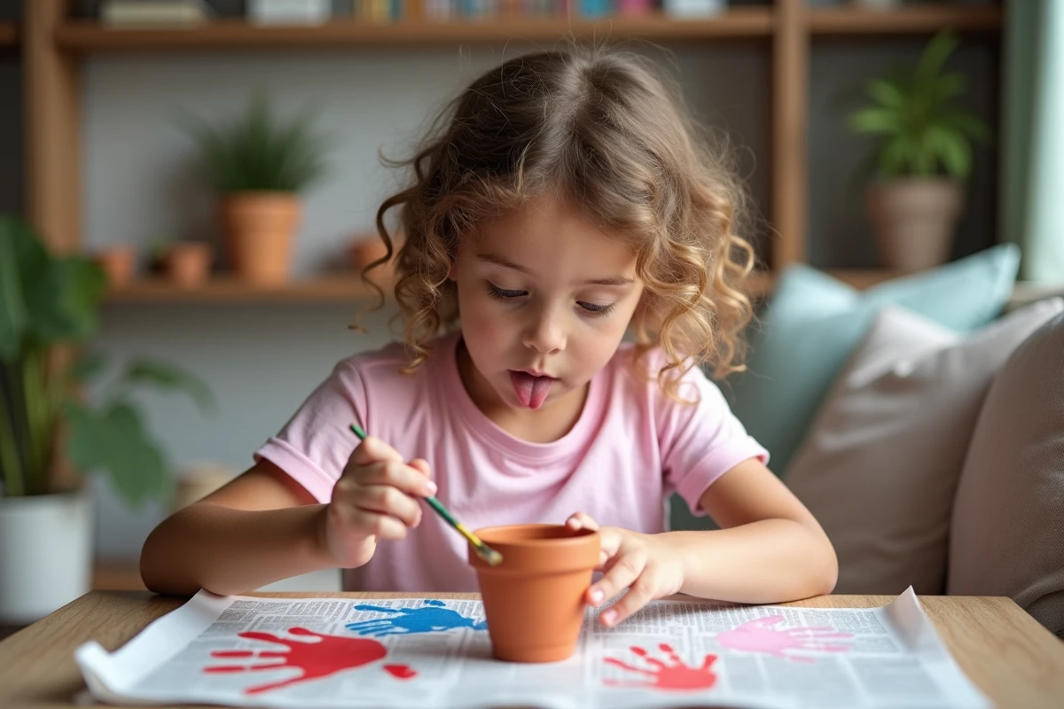 Jeune fille peignant un pot de fleurs en terre cuite comme cadeau artisanal pour la fête des mères