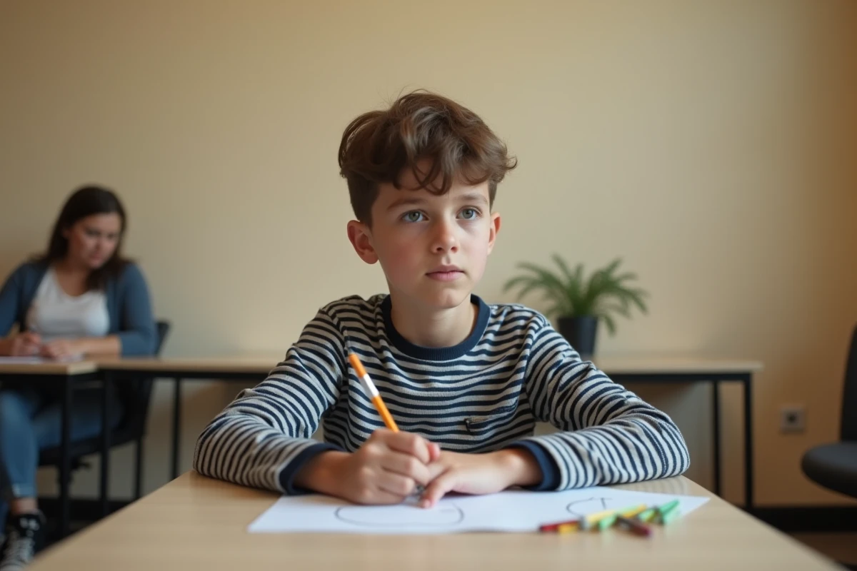 Enfant dessinant dans une salle de visite médiatisée supervisée par une assistante sociale