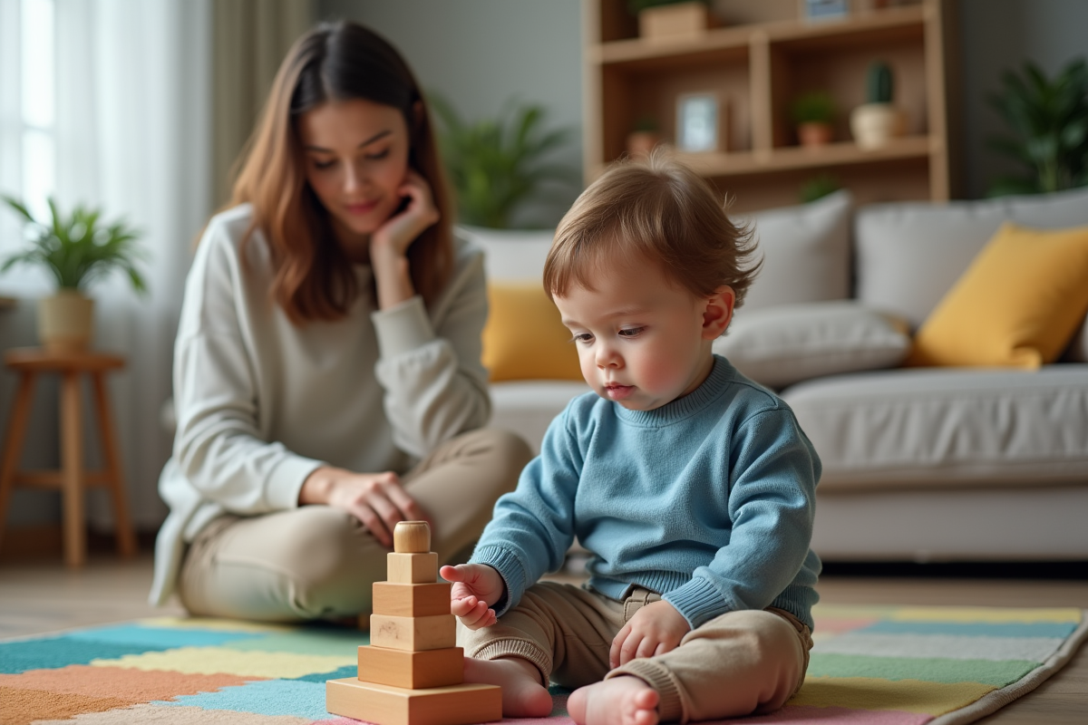 Garçon de 18 mois jouant avec un jouet en bois dans un salon chaleureux