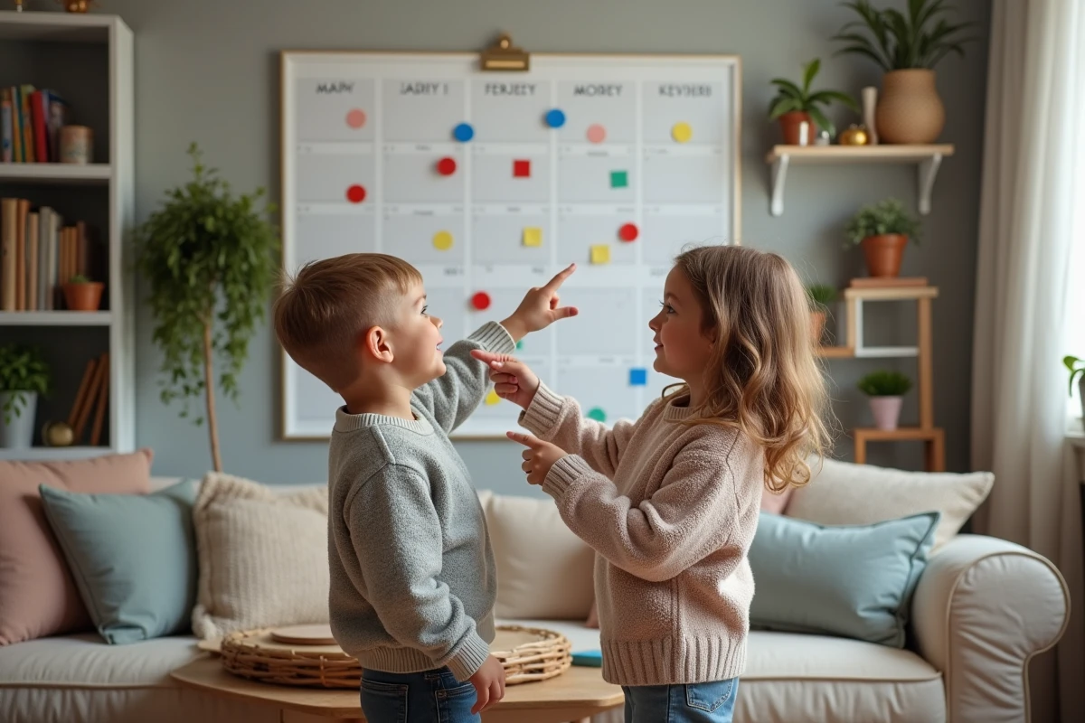 Deux enfants collent des magnets sur le calendrier