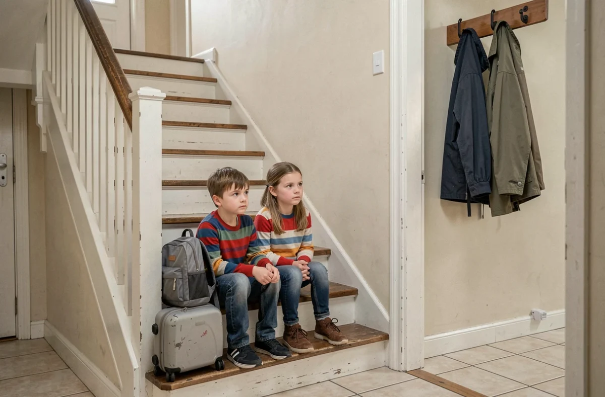 Enfants en garde alternée assis avec leurs bagages dans le couloir d'une maison