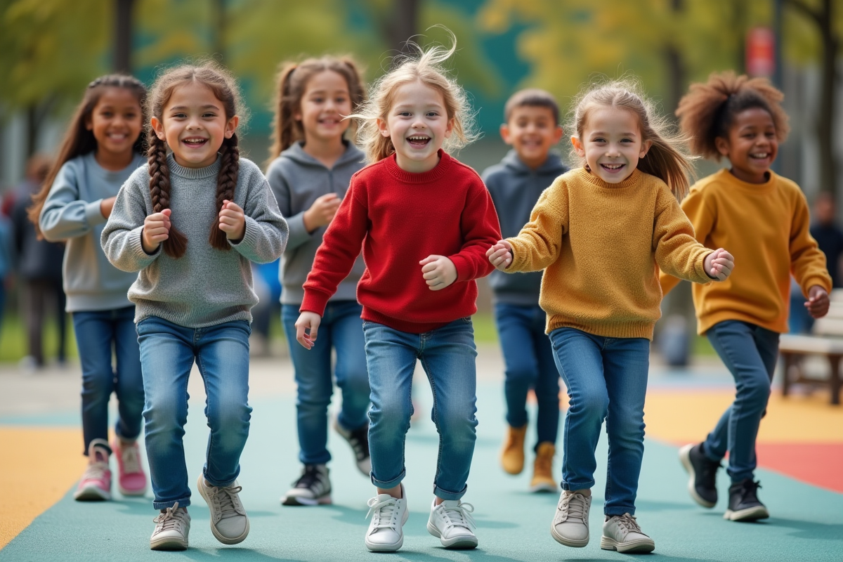Groupe d'enfants jouant dans un parc urbain coloré