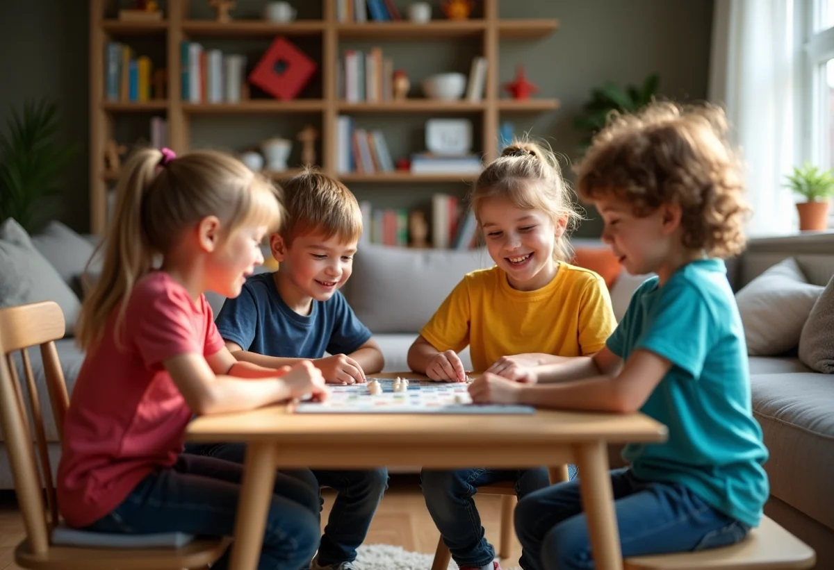 Enfants jouant à un jeu de société dans un salon chaleureux