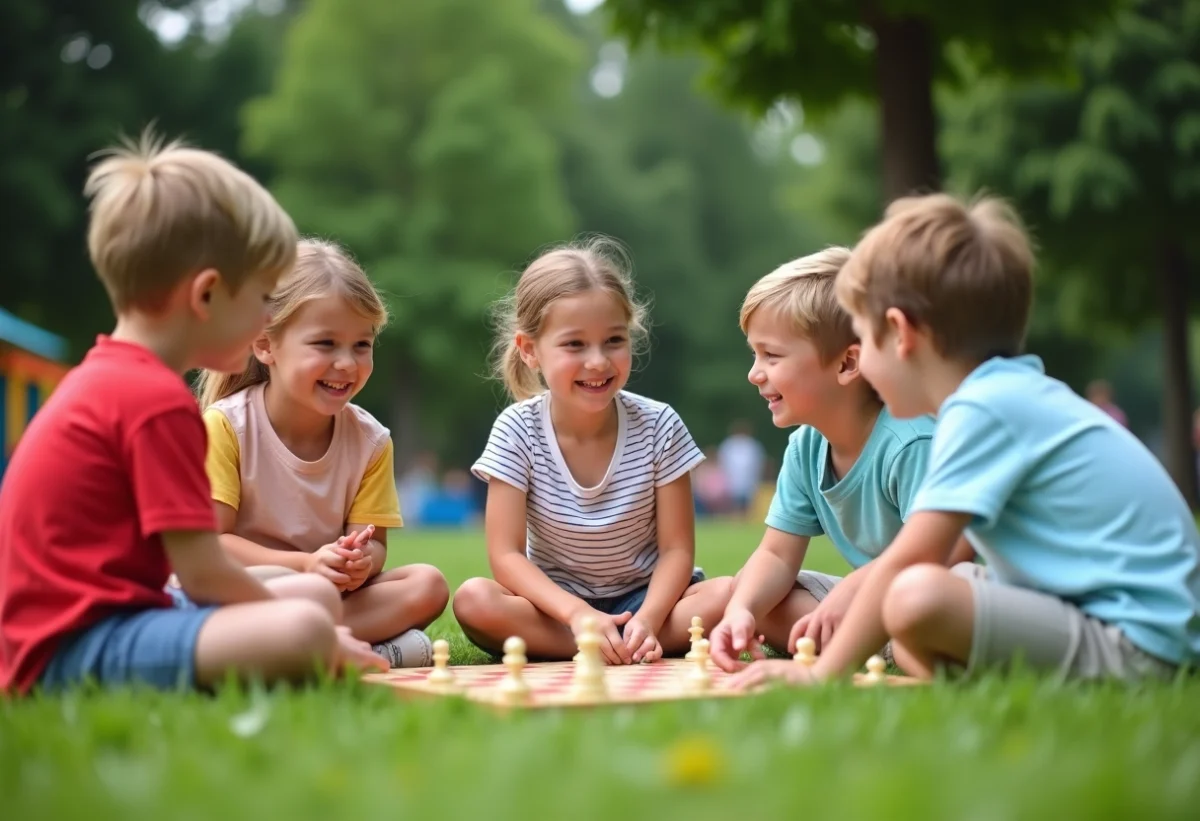 Groupe d'enfants jouant en plein air dans un parc ensoleille