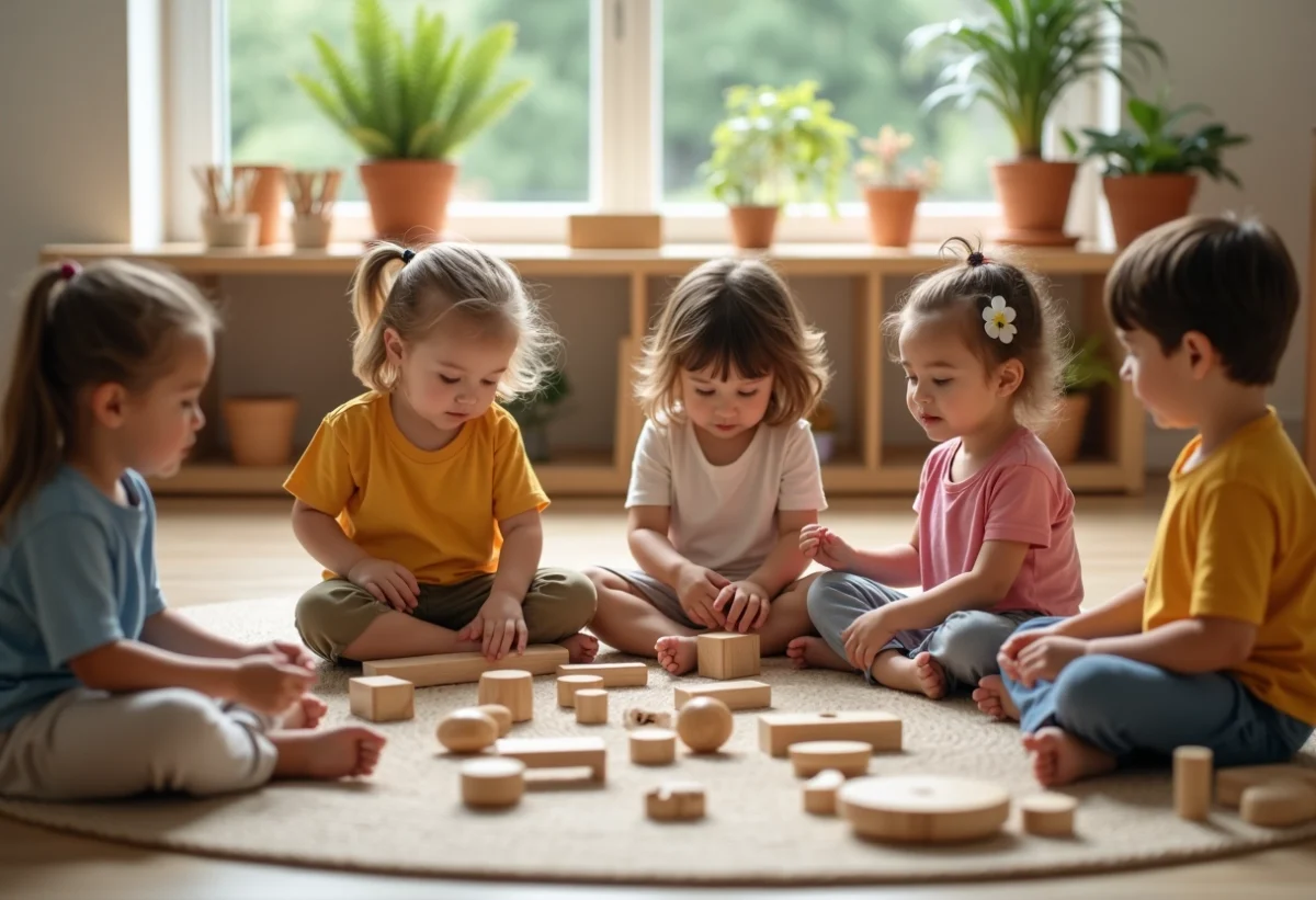 Groupe d'enfants Montessori jouant avec des matériaux naturels