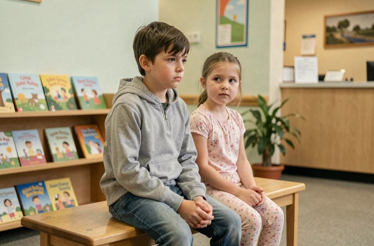 Deux enfants assis dans la salle d'attente d'un centre de protection de l'enfance, illustrant la prise en charge par l'ASE dans le cadre de l'article 375 du Code civil