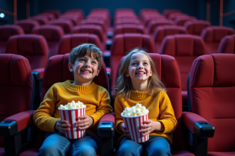 Enfants souriants regardant un film au cinema