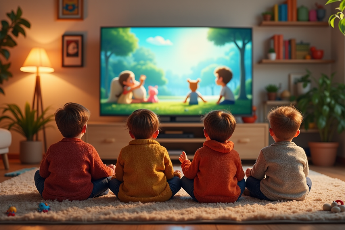 Enfants regardant un film dans un salon lumineux