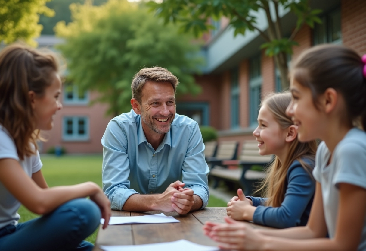 Professeur avec enfants sur la cour d