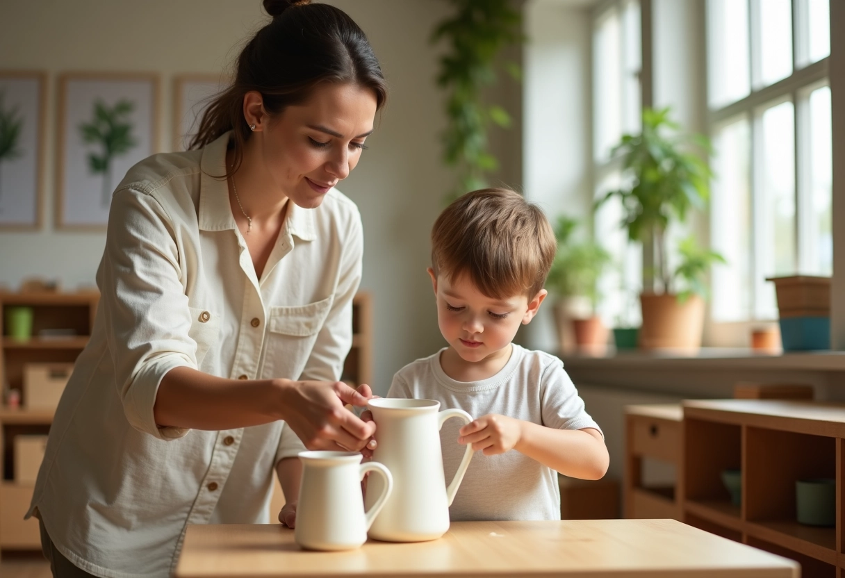 Enseignante aidant un enfant à verser de l