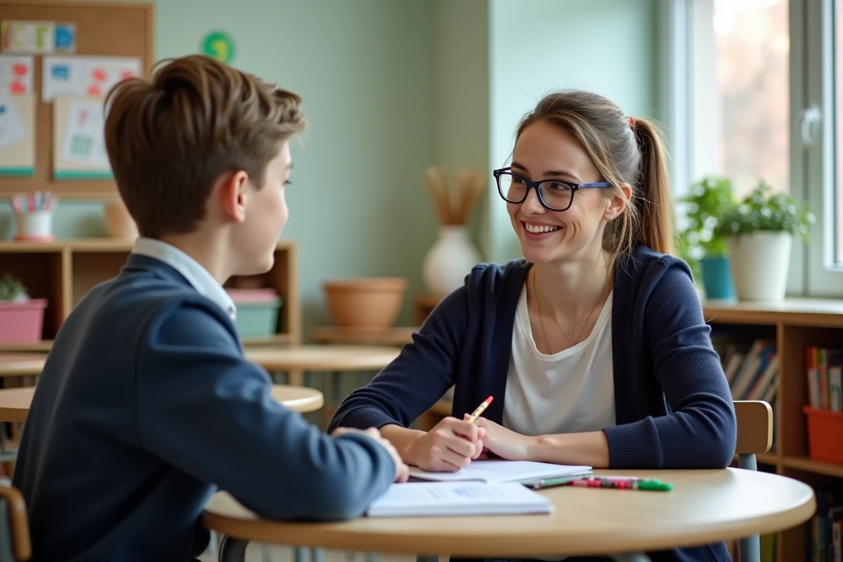 Enseignante spécialisée en séance individuelle avec un adolescent dans une salle de classe adaptée aux troubles du comportement