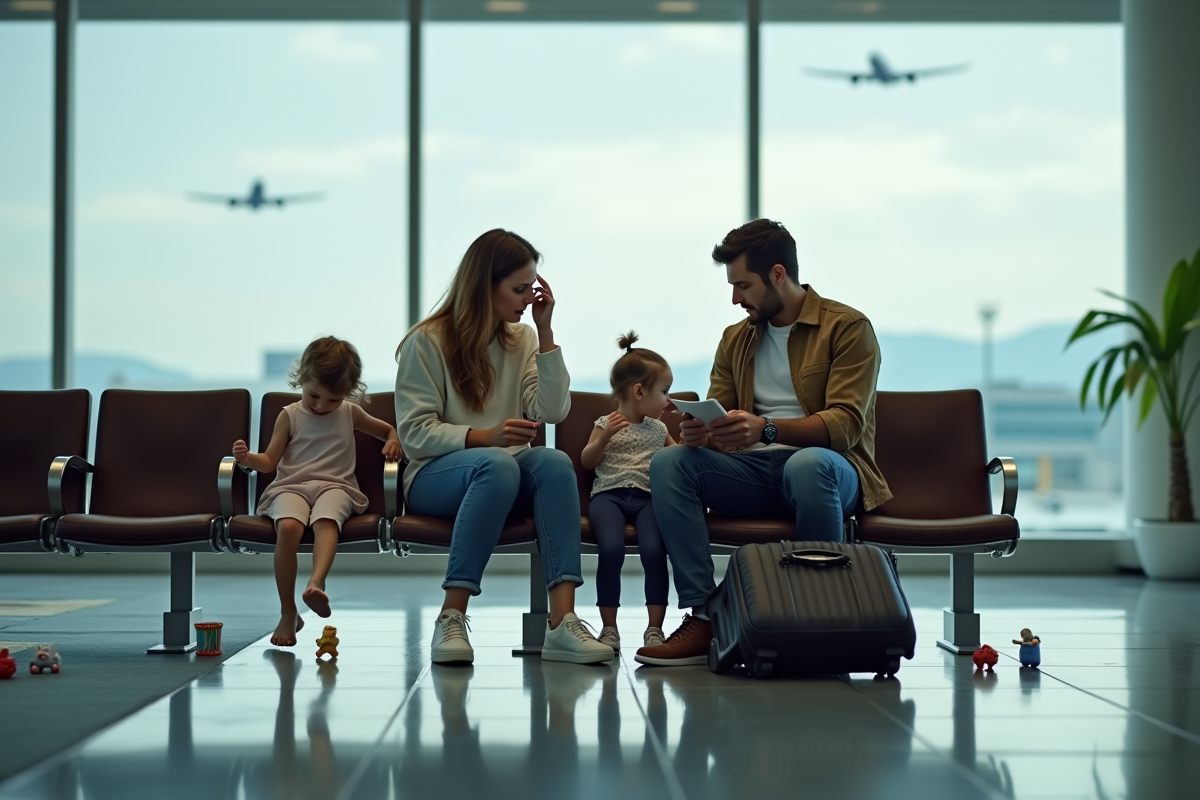 Famille en voyage à l'aéroport avec enfants et bagages