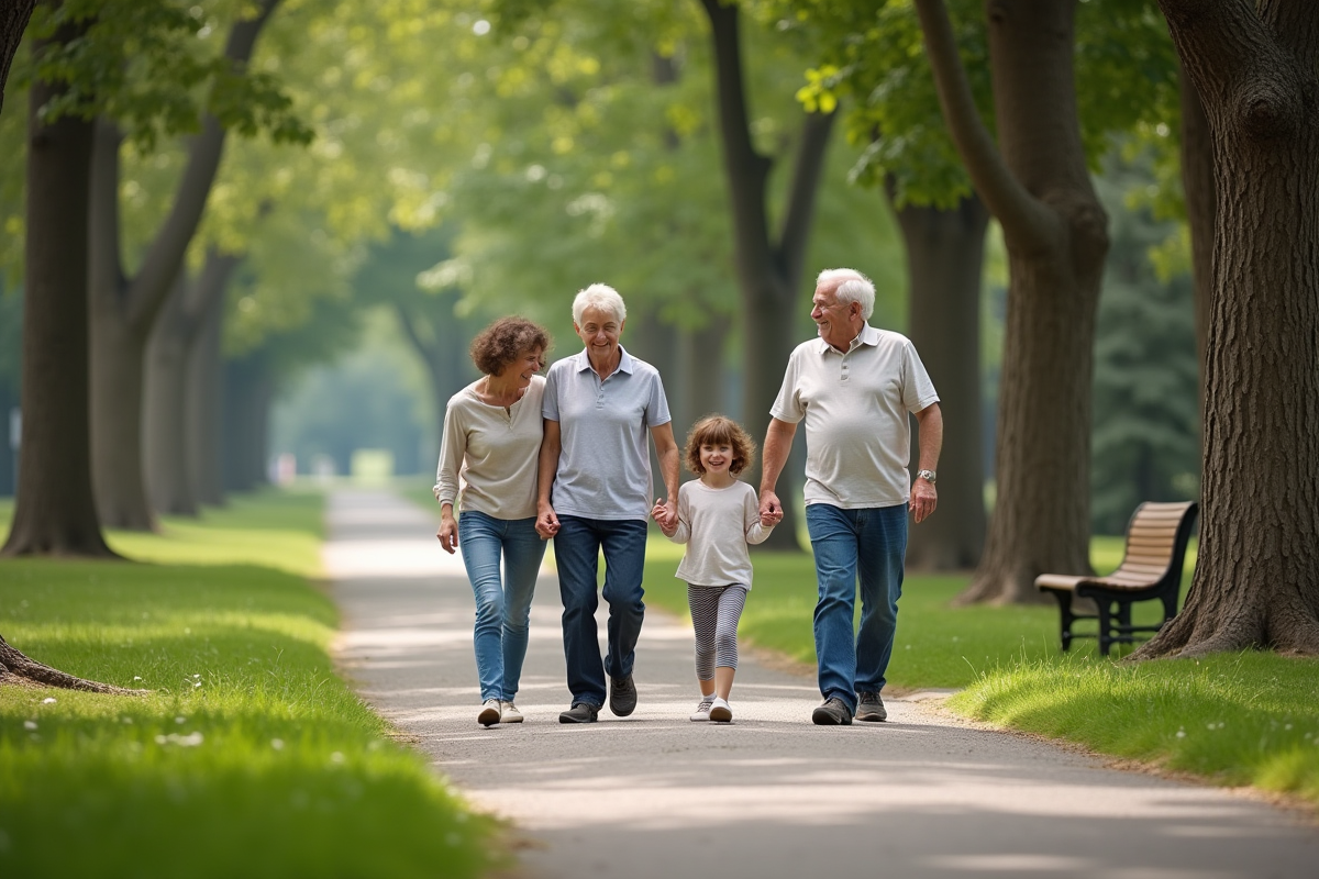 Famille multigeneration en promenade dans le parc
