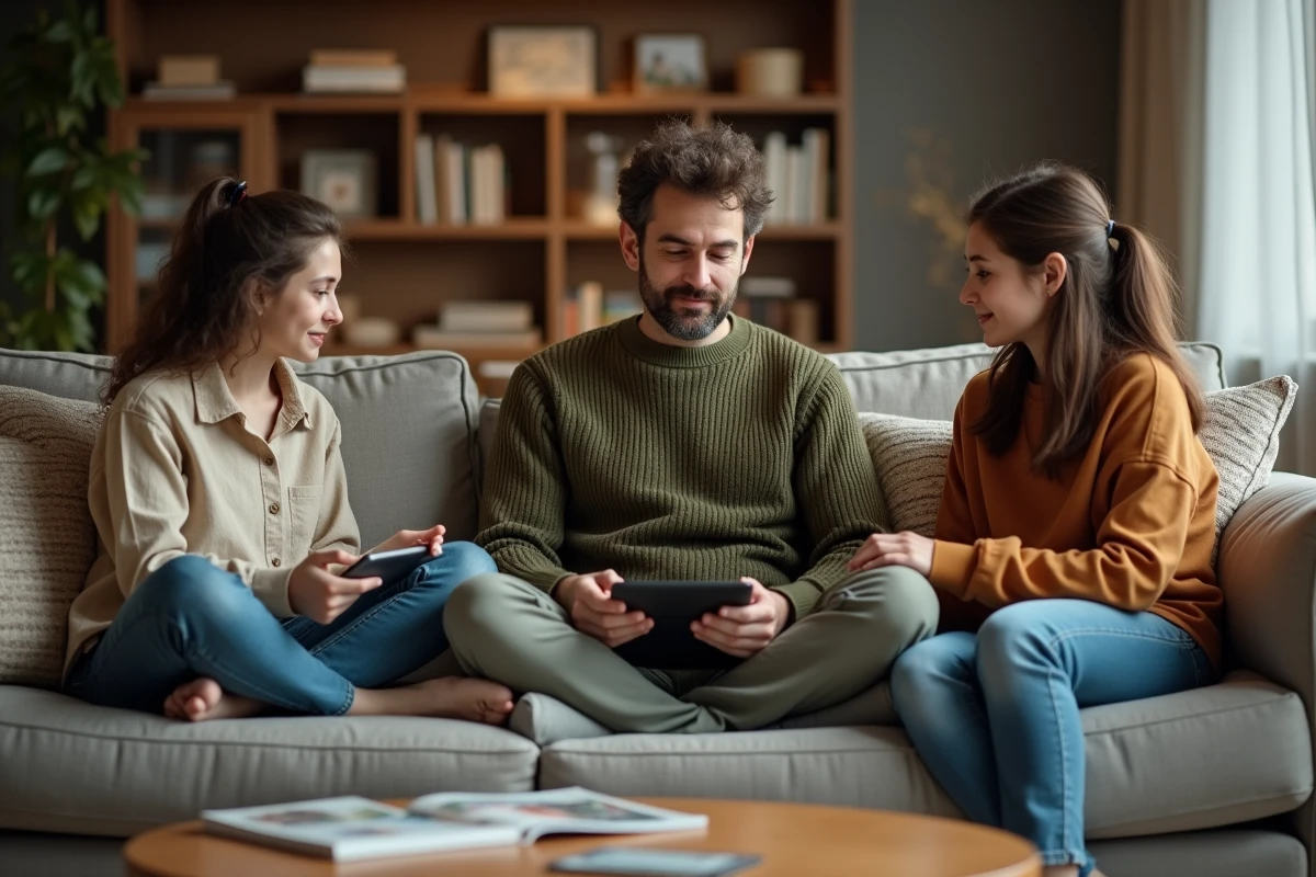 Un père discutant avec ses enfants autour d'une tablette posée sur la table basse du salon, symbolisant le dialogue familial sur l'usage des médias